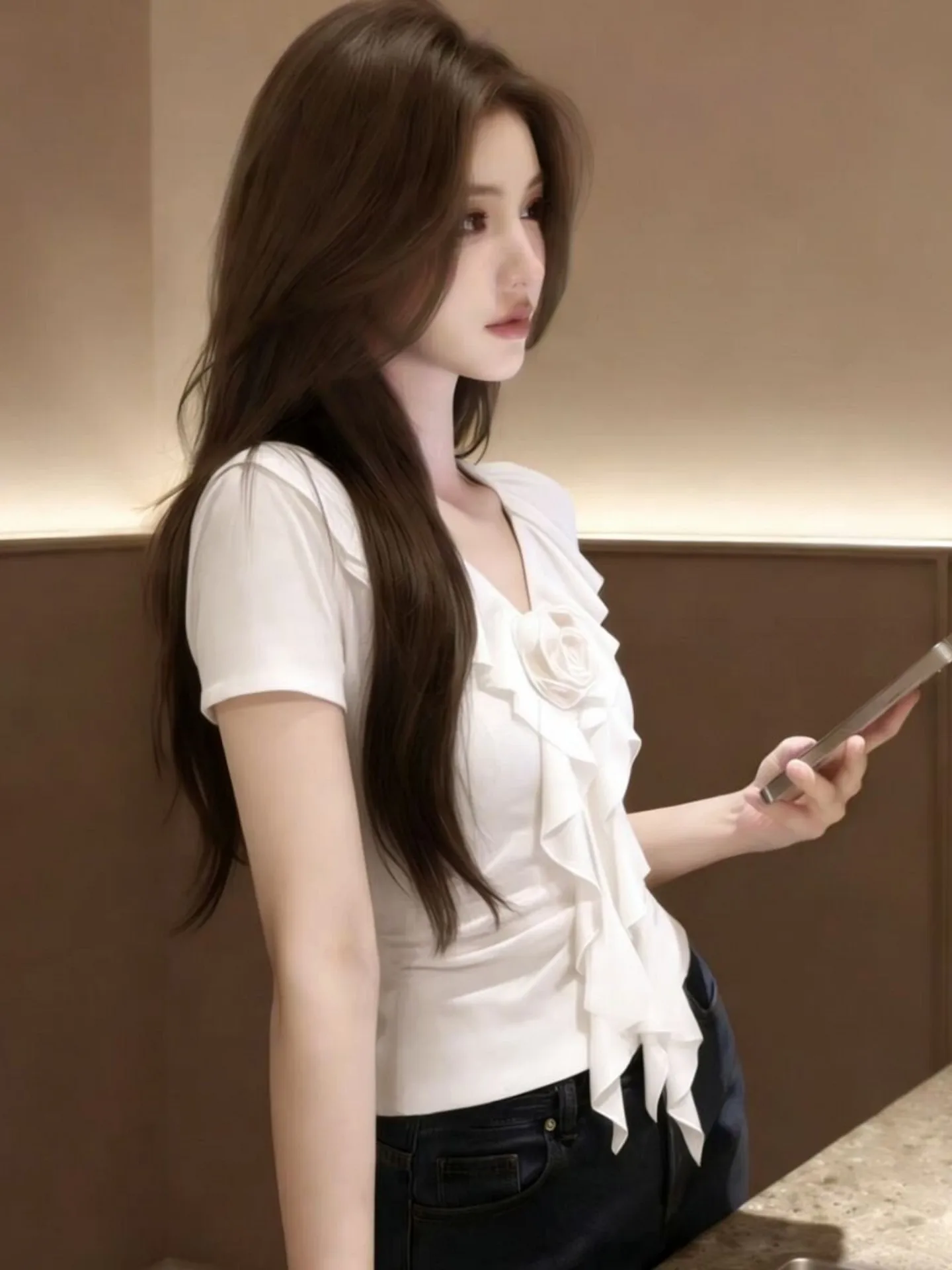 Elegant V-Neck Short Sleeve Slim Fit T-Shirt Women's Unique Beautiful Summer Top Asymmetrical Decorative Lace Trim 3D Flower ...