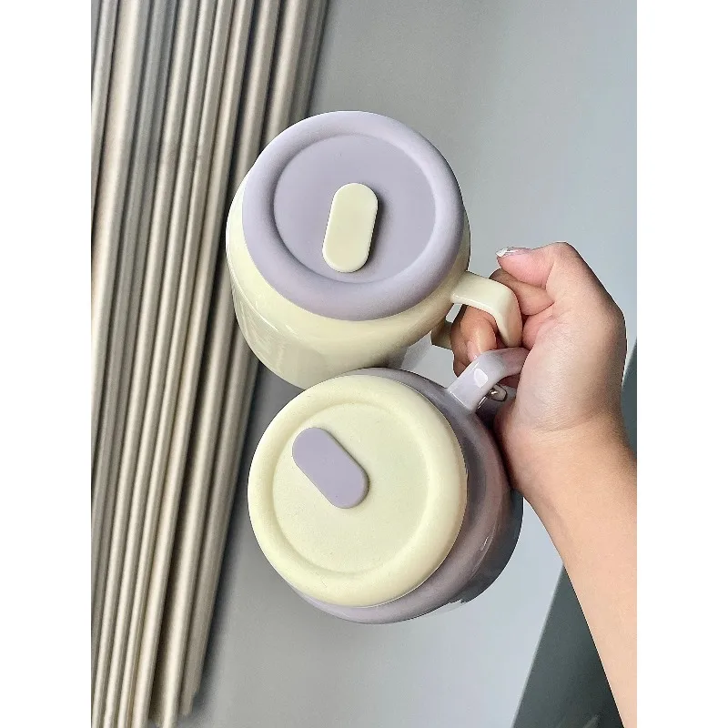 

Cream Purple Straw Cup with Handle, Ceramic Soild Color Simple Design Water Mug with Lid, Drinking Cup