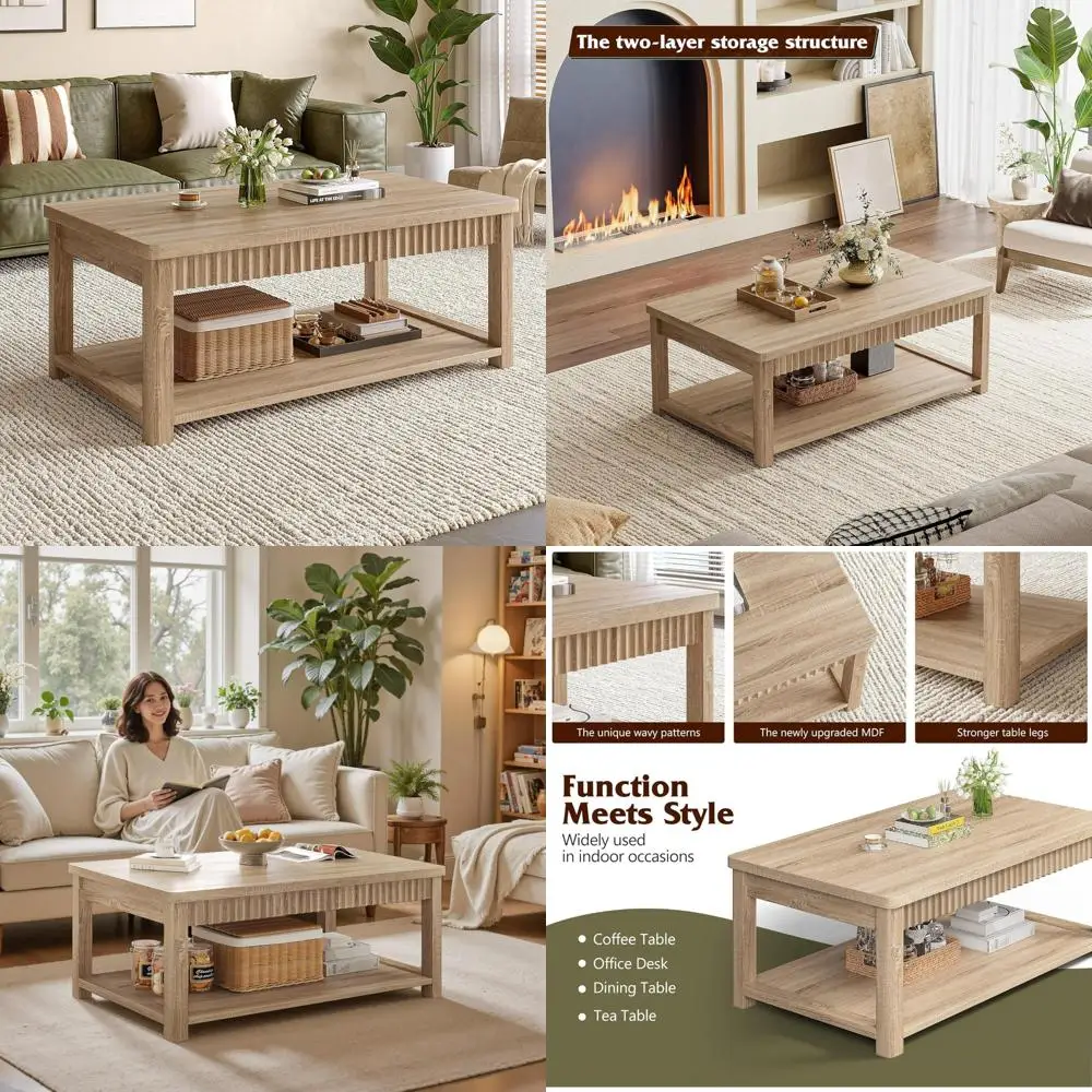 

Современный 39-дюймовый 2-уровневый журнальный столик из дуба с волнистыми краями для гостиной и хранения вещей