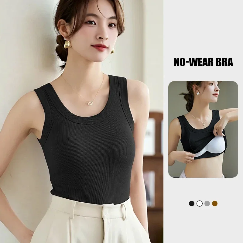 

M-4XL Women with Breast Cushion Back Heart Sleeveless Outside Wear Large Size White Base Tank Top Underwear Without Wearing Bra