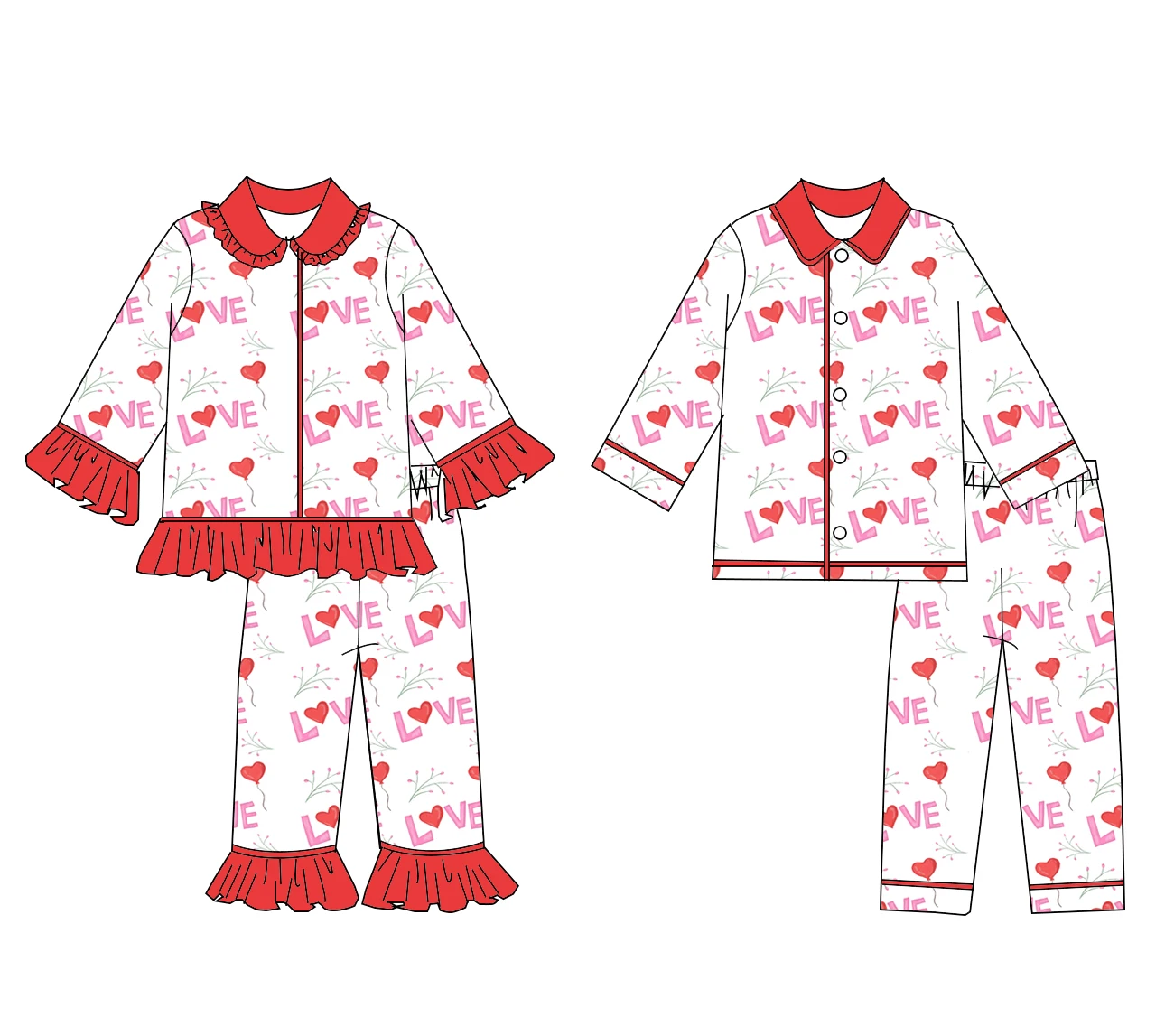 

LOVE Heart Print Valentine's Day Lace Pjs Set Boys and Girls Long-Sleeved Button-Up Top and Elastic Waist Pants Custom Wholesale