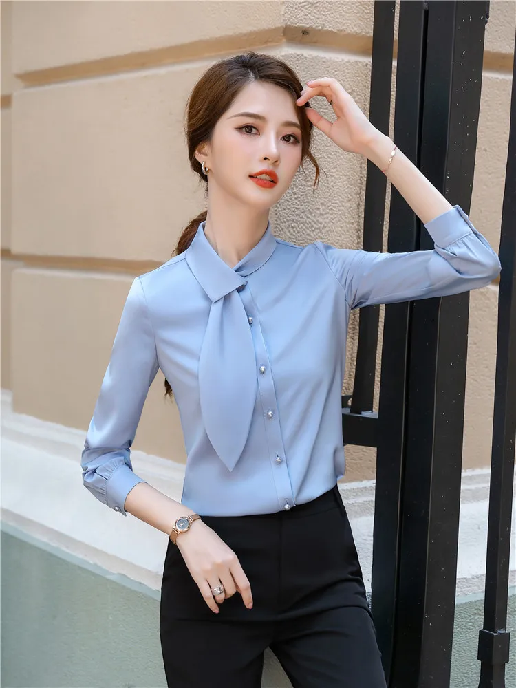Women\'s Elegant Long Sleeve Shirts Blue White Pink Bow Tie Work Wear Blouse Formal Offcie Tops Fashion Autumn 2023