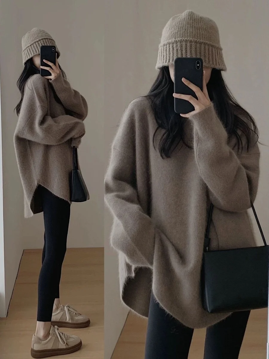Suéter De Punto De Mujer Estilo Perezoso Otoño E Invierno 2023 Suéter De Punto Grueso Cuello Redondo Largo Suéter De Moda