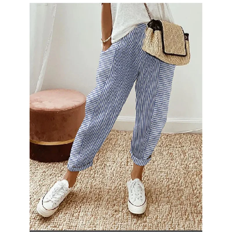 

Spring and Summer Women's Striped Pants Elastic Waist Pockets Fashion Casual Loose Versatile Basic Drawstring Pants