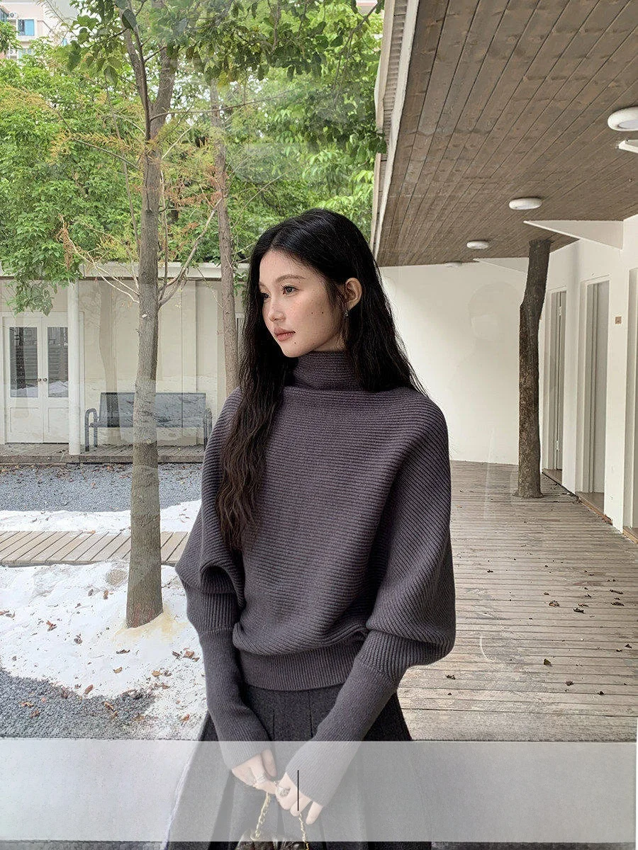 

Linyunyun ey High Collar Loose Batwing Sve Women's Sweater Winter Gentle Sle Knitted Top Soft Comfortable Casual Long ...