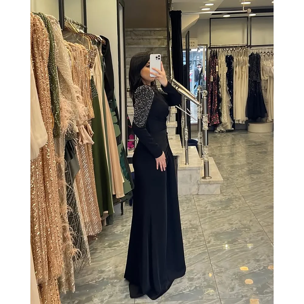 Vestido de noche Formal negro personalizado cuello redondo mangas largas rebordear Jersey vestidos de noche sirena hasta el suelo vestidos de fiesta