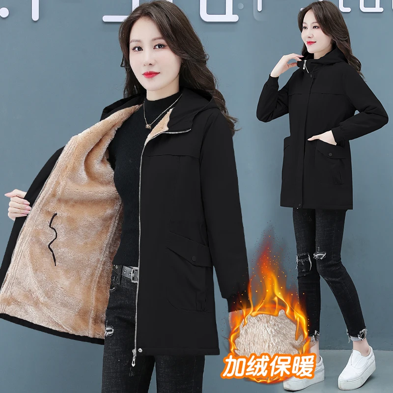 

Spring Autumn Women's Fleece Jacket Chic Trench Coats Medium Long Hooded Outerwear Warm Thick Female Windbreaker Top Winter 2022