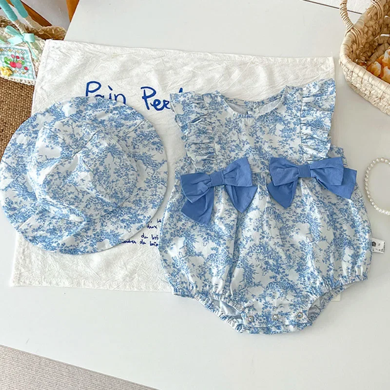 

2025 New Summer Infant Baby Girls Romper+Hat Sleeveless Cotton Flower Print Toddler Baby Jumpsuit 0-24M Baby Girls Clothing