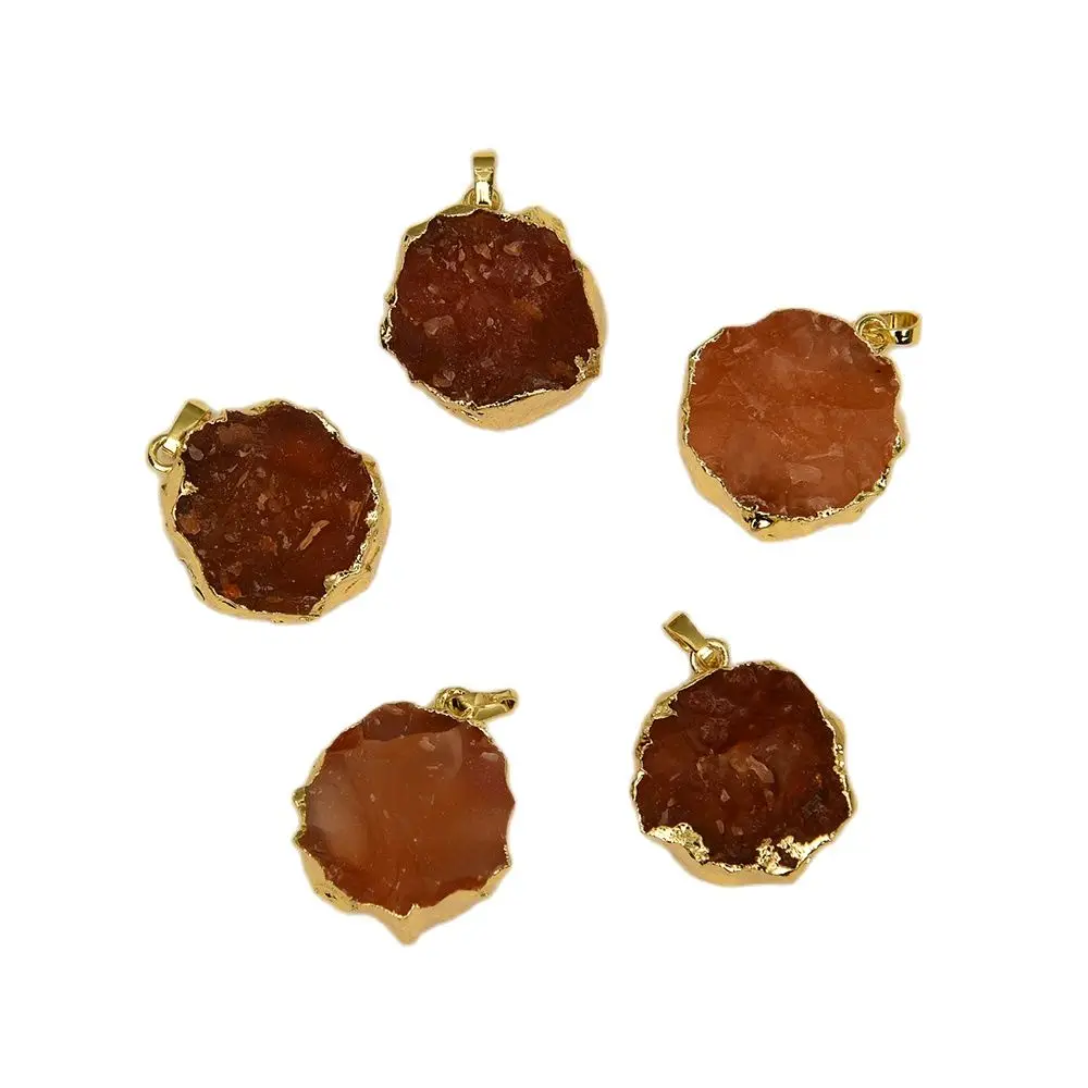 APDGG Wholesale 5 Pcs Natural Red Agate Rough Raw Gems Material Gold Plated Pendant Charm Jewelry Making DIY