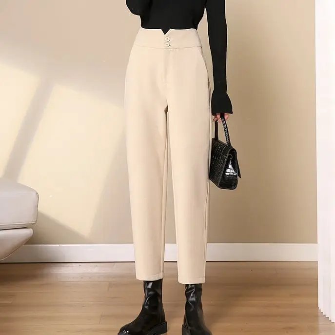 

Autumn and Winter Women's Solid Colors Slim Button Chic Halun Pants High Waist Woolen Appear Thin Fashion Commuter Trousers