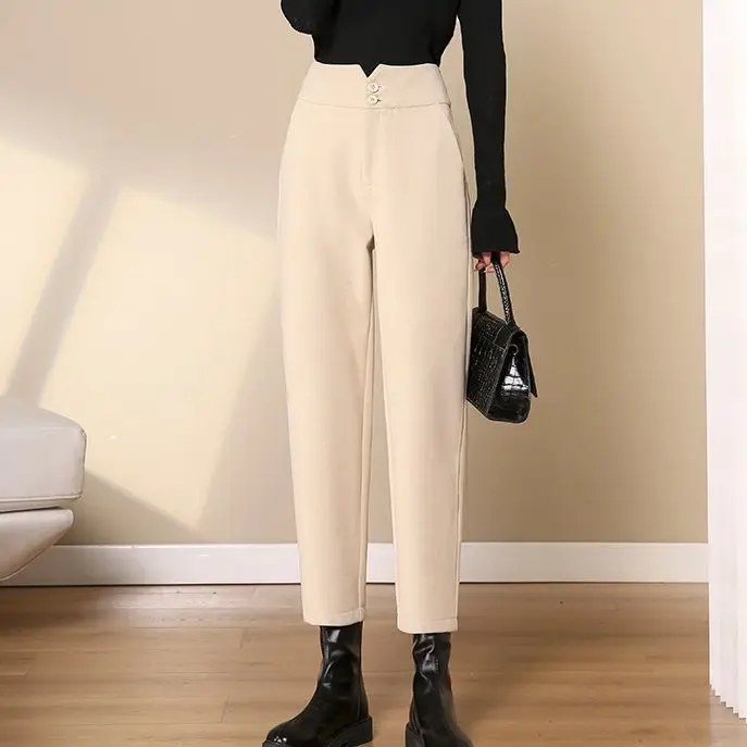 Autumn and Winter Women\'s Solid Colors Slim Button Chic Halun Pants High Waist Woolen Appear Thin Fashion Commuter Trousers