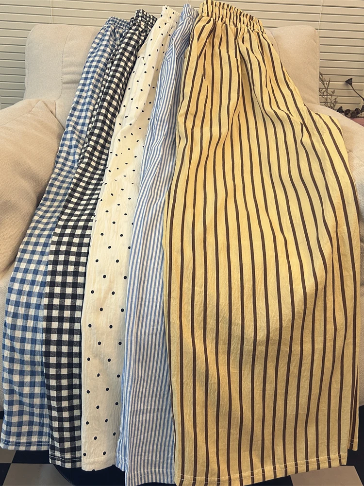 

Thin Stripe Sp Pants Women's Loose Home Wear Summer Outdoor Walking Pants Long Pants Polyester Fiber mid Waist Belt