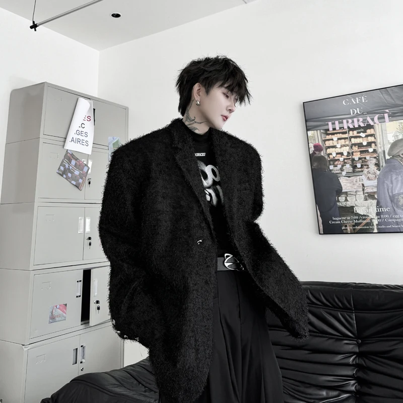 SYUHGFA Korean Style Lapel Suit Coat Male 2024 Autumn Solid Color Plush Surface Blazer High Street Men's Wear Jacket