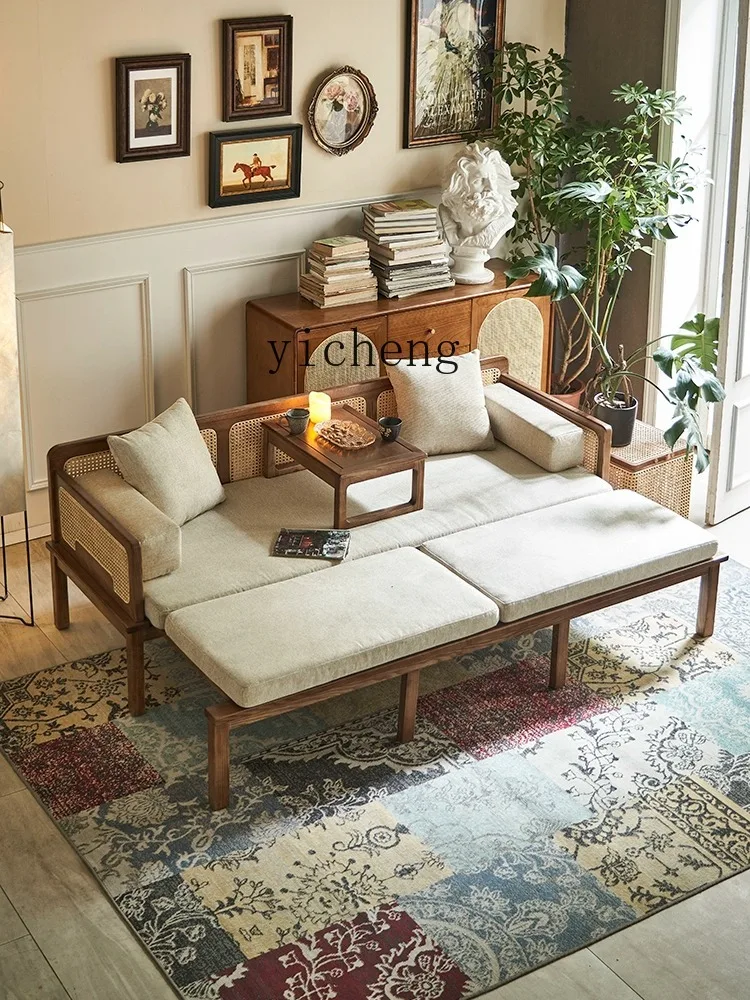 

ZYA Retro Solid Wood Sofa Bed Living Room Home Use Extendable Dual-use White Ash Wood Folding Bed Rattan Woven Sofa