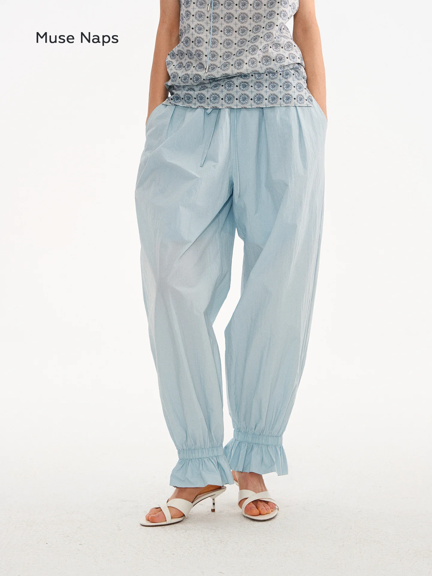 Muse Naps Women's Summer Lightweight Loose Slimming Lantern Pants Casual Nine-Point Elastic Waist Nylon Fabric Ladies Trousers