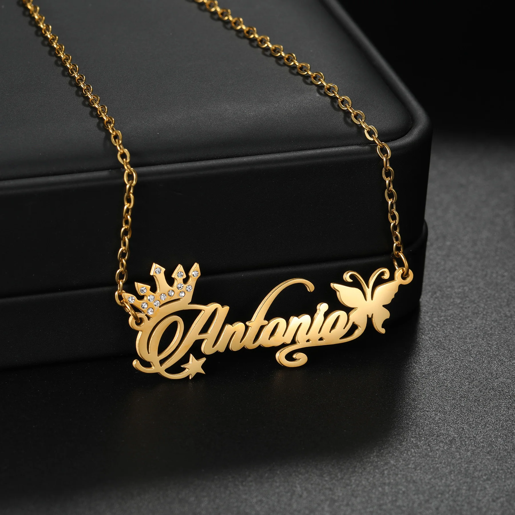 Acheerup Personalized Name Zircon Crown Women Necklace Stainless Steel Custom Lace Letter Butterfly Chain Jewelry Birthday Gift