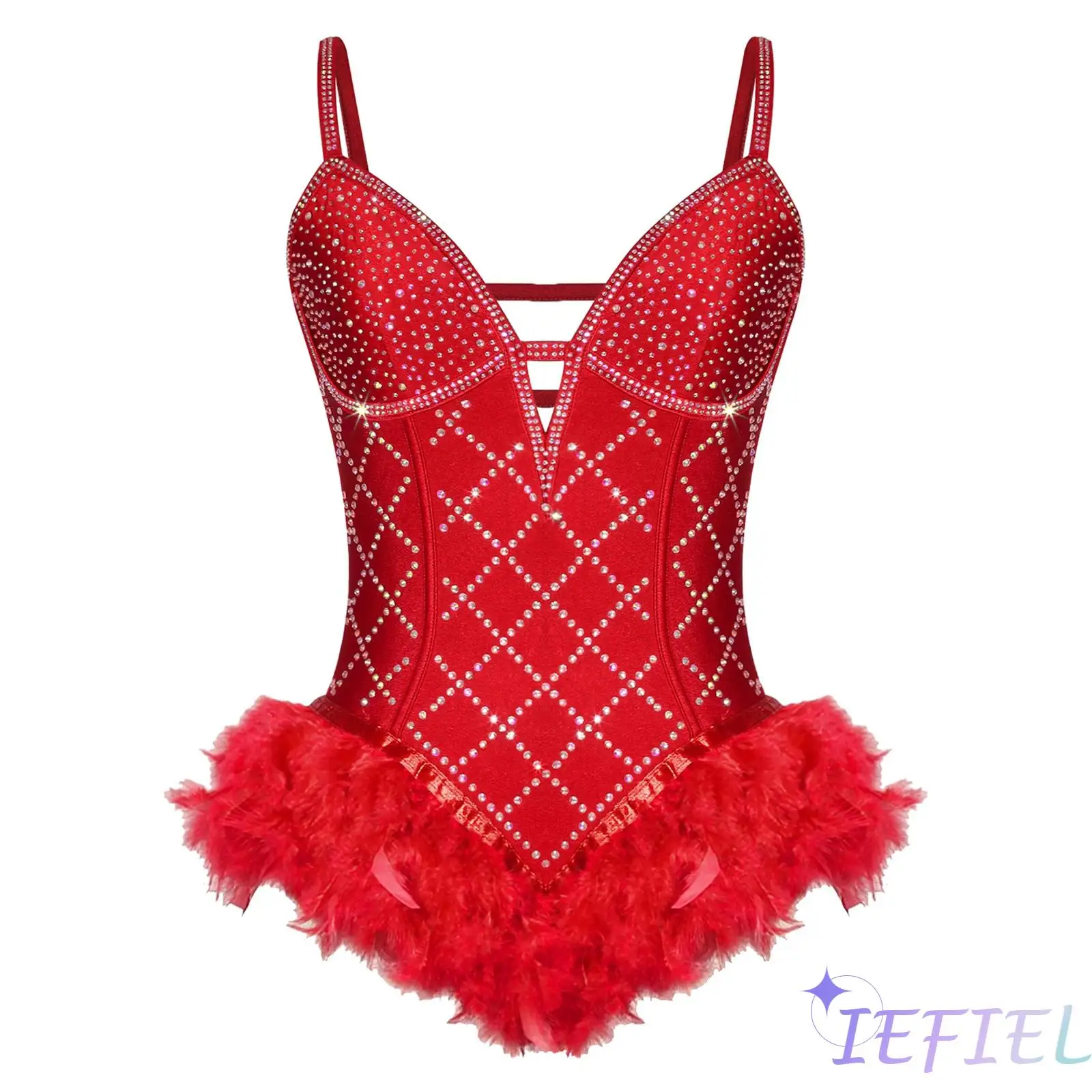 Womens Ballet Leotard Dress Shiny Rhinestone Feather Deep V-Neck Adjustable Spaghetti Straps Strappy Bodysuit for Performance