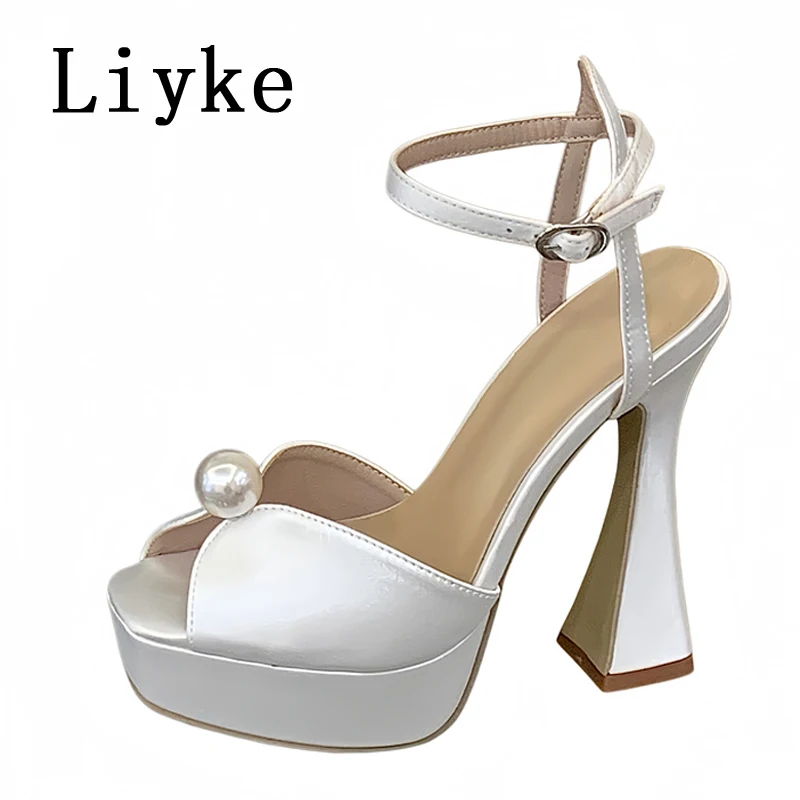 

Liyke Sexy Chunky High Heels Platform Sandals Women Summer Fashion White Pearl Peep Toe Wedding Banquet Shoe Zapatos De Mujer