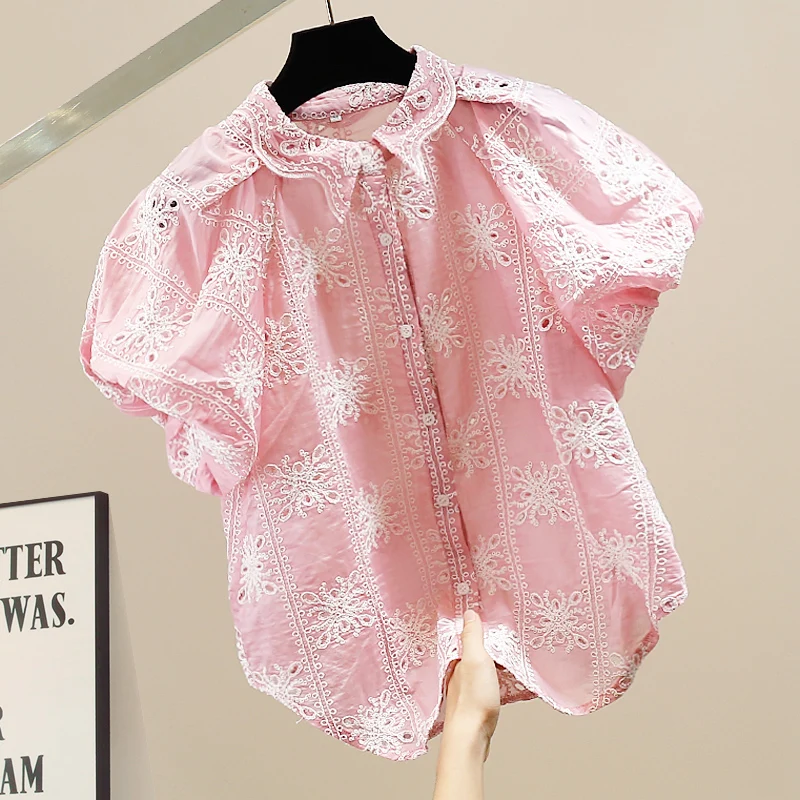 

Sexy Heavy Embroidery Bubble Sve Hollow out Loose irt Faionable Workwear Collar ort Sve Women's Premium Blouse