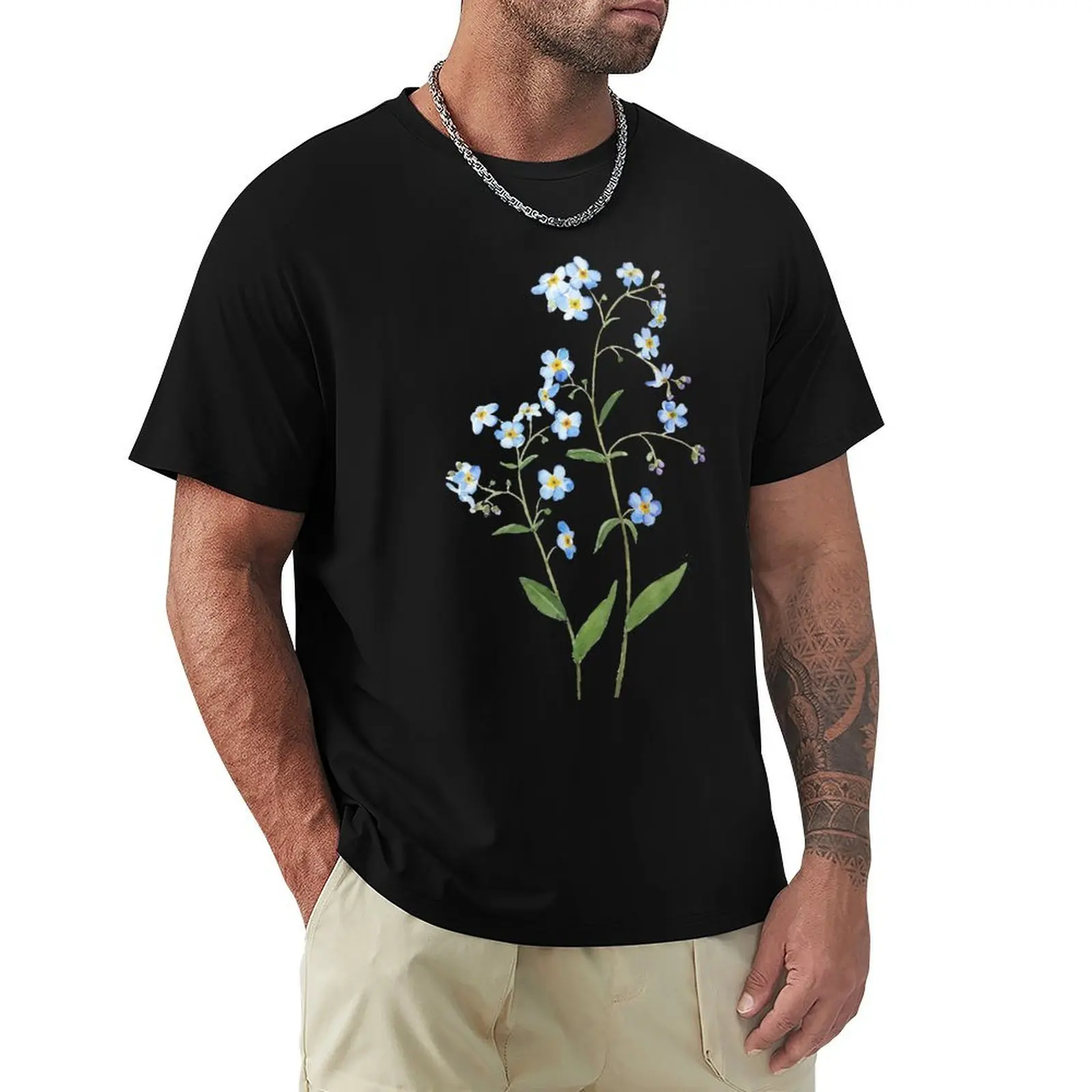 hand painted blue forget me not flowers 2021 watercolor T-Shirt Work Short Sleeve Cotton Top