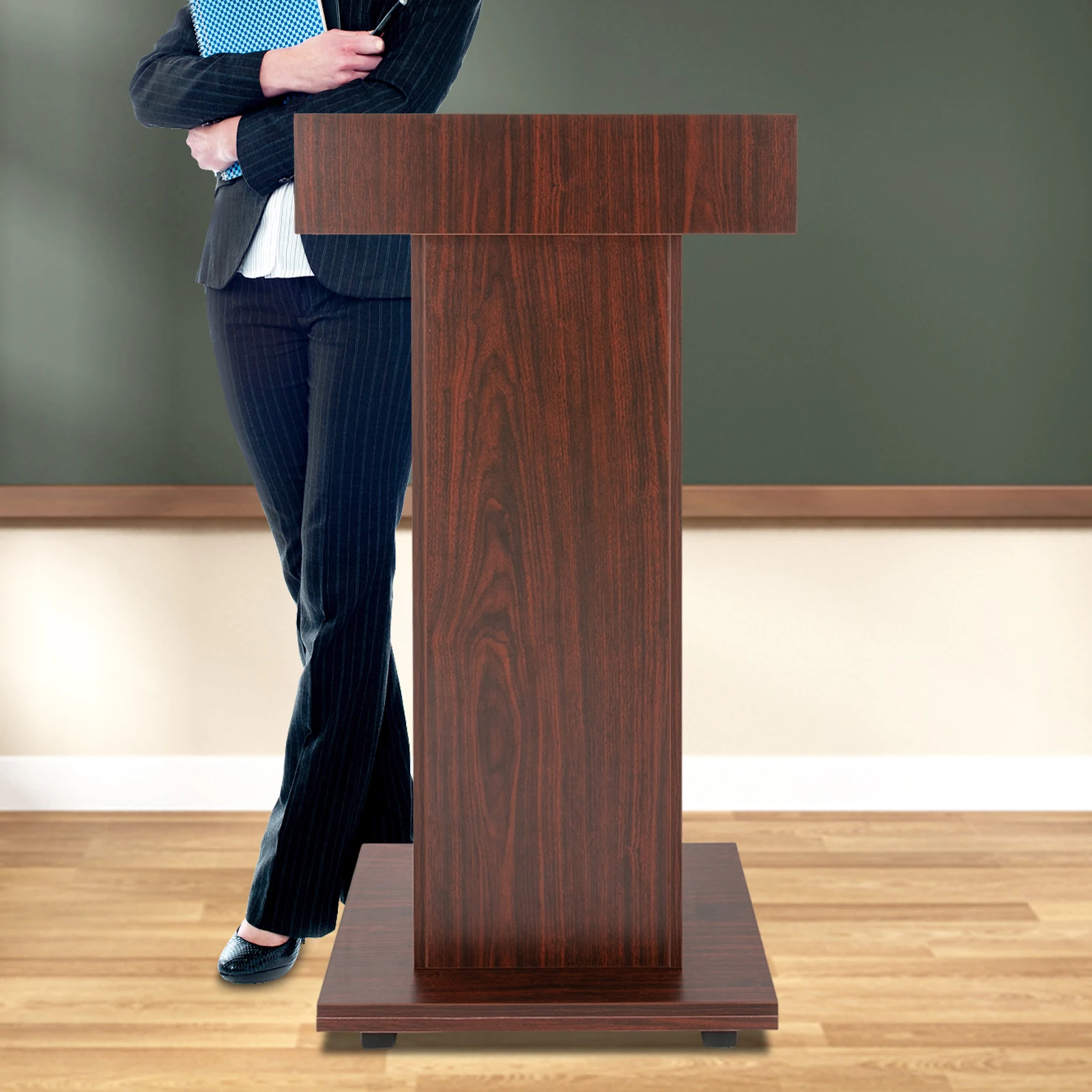 Rolling Lectern Podium, 3-Tier Storage Mobile Presentation Stand With Lockable Casters, 43.3 Inch Freestanding Brown Particleboard Lectern For Classroom, Church & Office