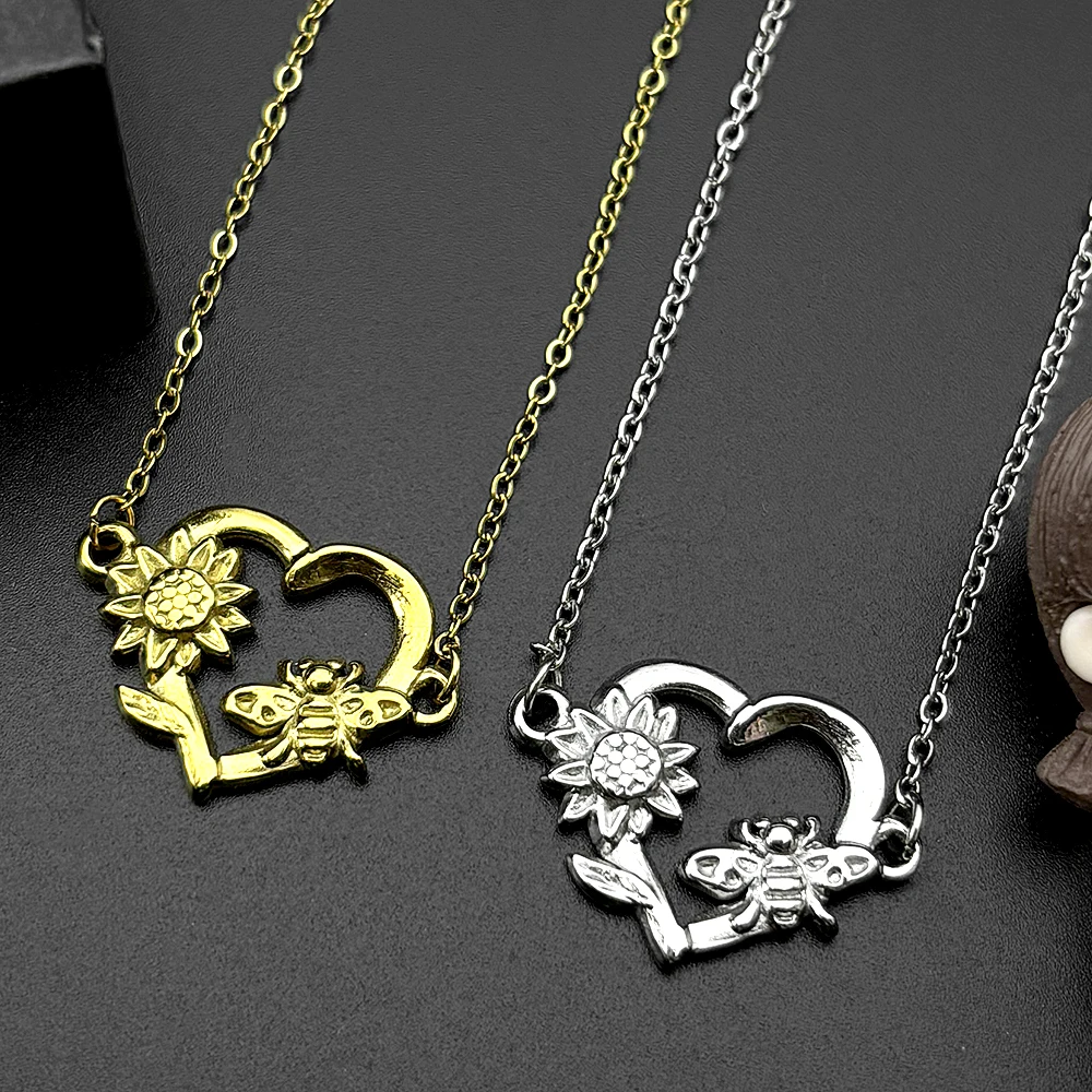 Bee Love Flower Pendant Necklace For Women Men Stainless Steel Silver Color Heart Couple Meaningful Valentine's Day Gift Jewelry