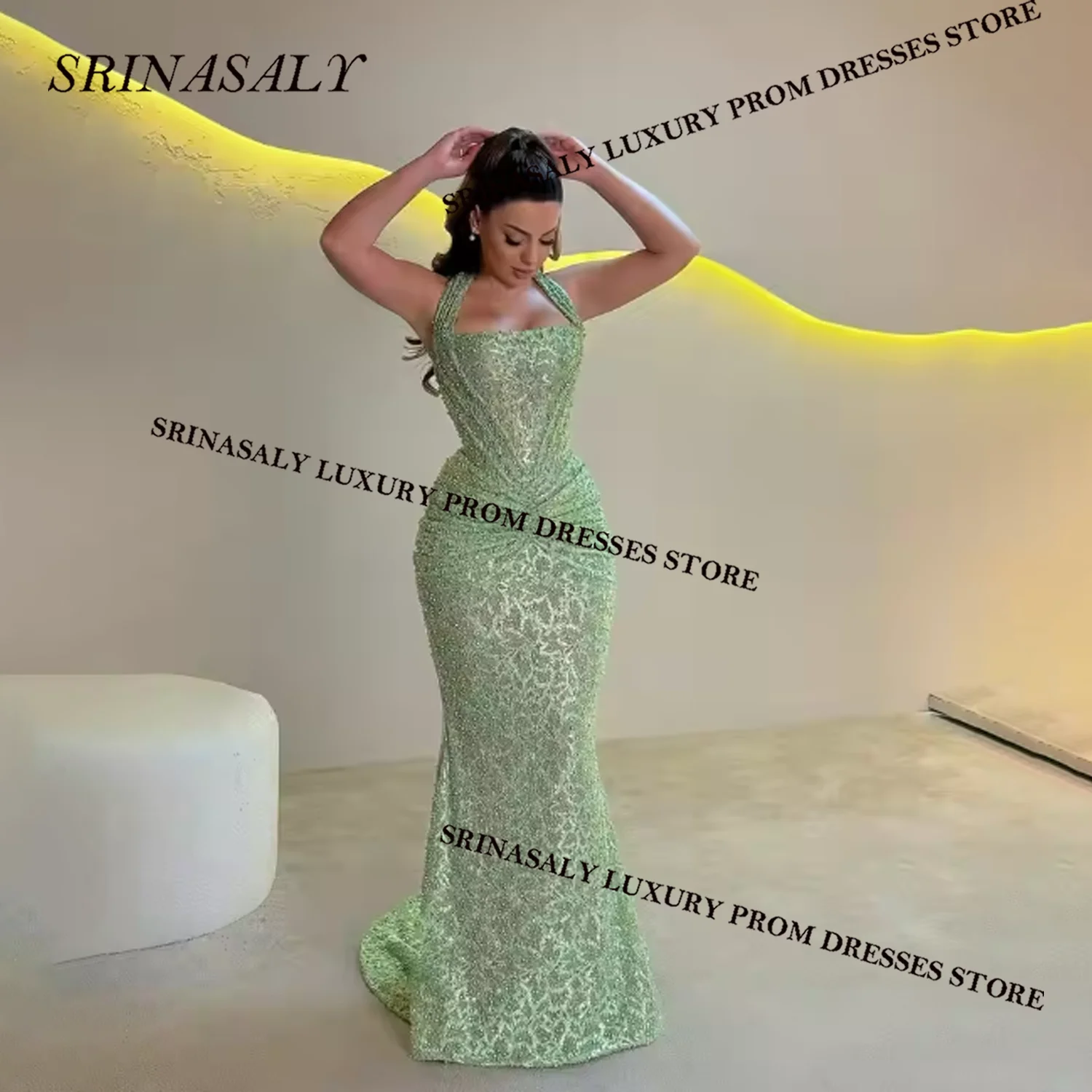 

Customized Aso Ebi Mermaid Prom Dress Beaded Crystals Formal Evening Party Gala Gowns Lace See Throuh Birthday Robe De Soiree