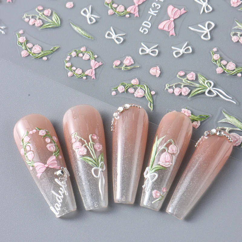 5D Spring Floral Nail Stickers Lavender Daisy Blossoms Lily Flower Designs Embossed Adhesive Decals Nail Art Decorations
