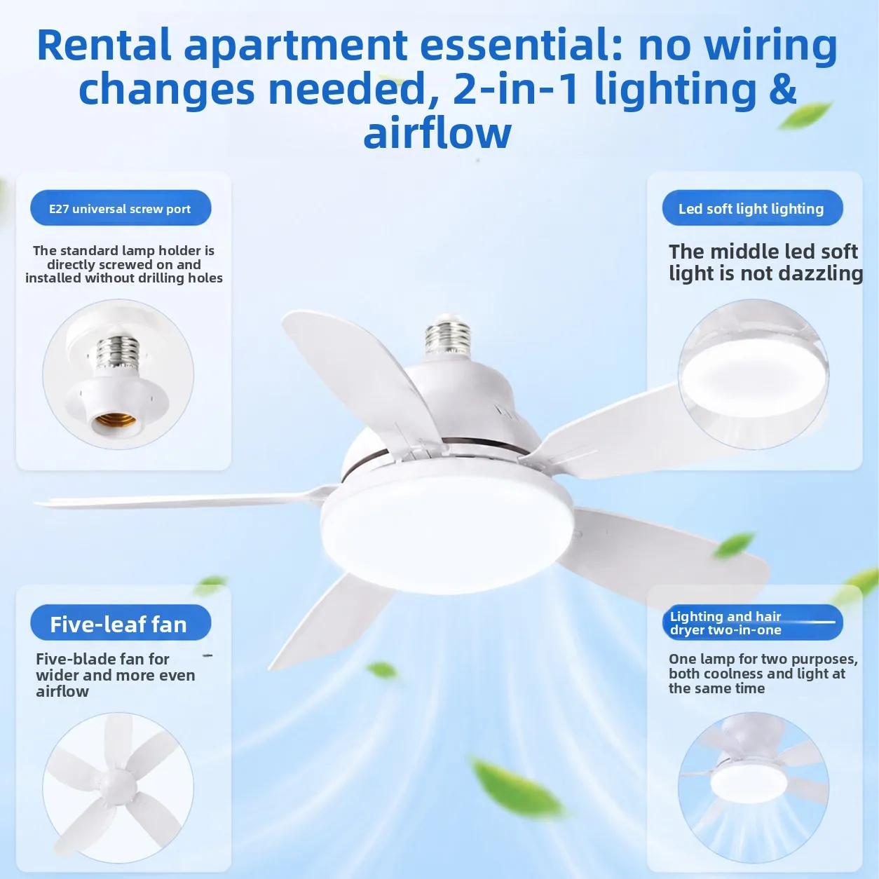 E27 Screw Base Ceiling Fan Light, Powerful LED Remote Control Silent Fan Lamp for Dining Room Bedroom
