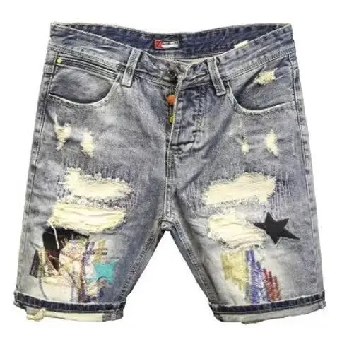 New High-Streets Summer Slim Denim Shorts for Men with Distressed Ripped Embroidered Cat Whiskers Hip Hop Streetwear Short Pants