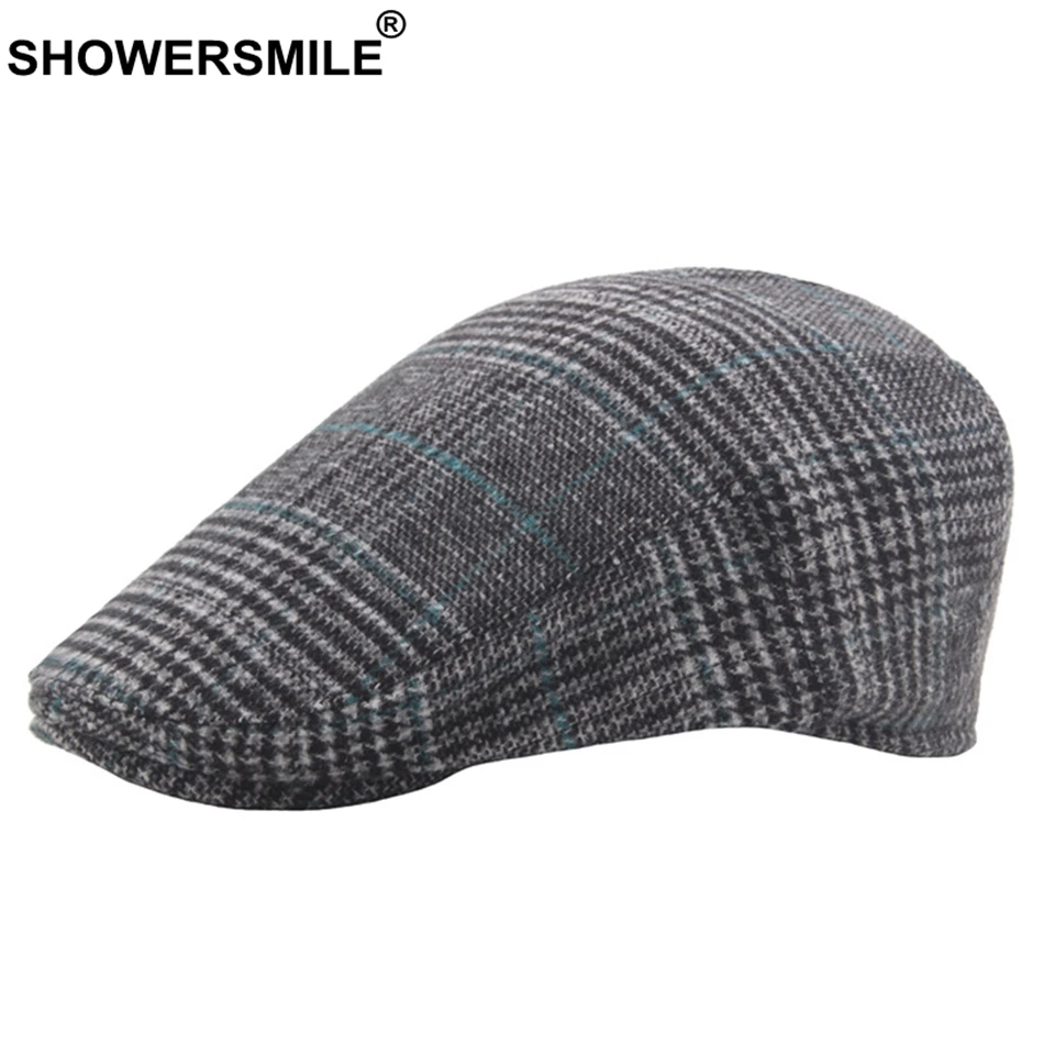 SHOWERSMILE Classic Wool Flat Cap for Men Beret Hat Tweed Wool Plaid Male Vintage Flat Cap British Style Spring Autumn Ivy Caps