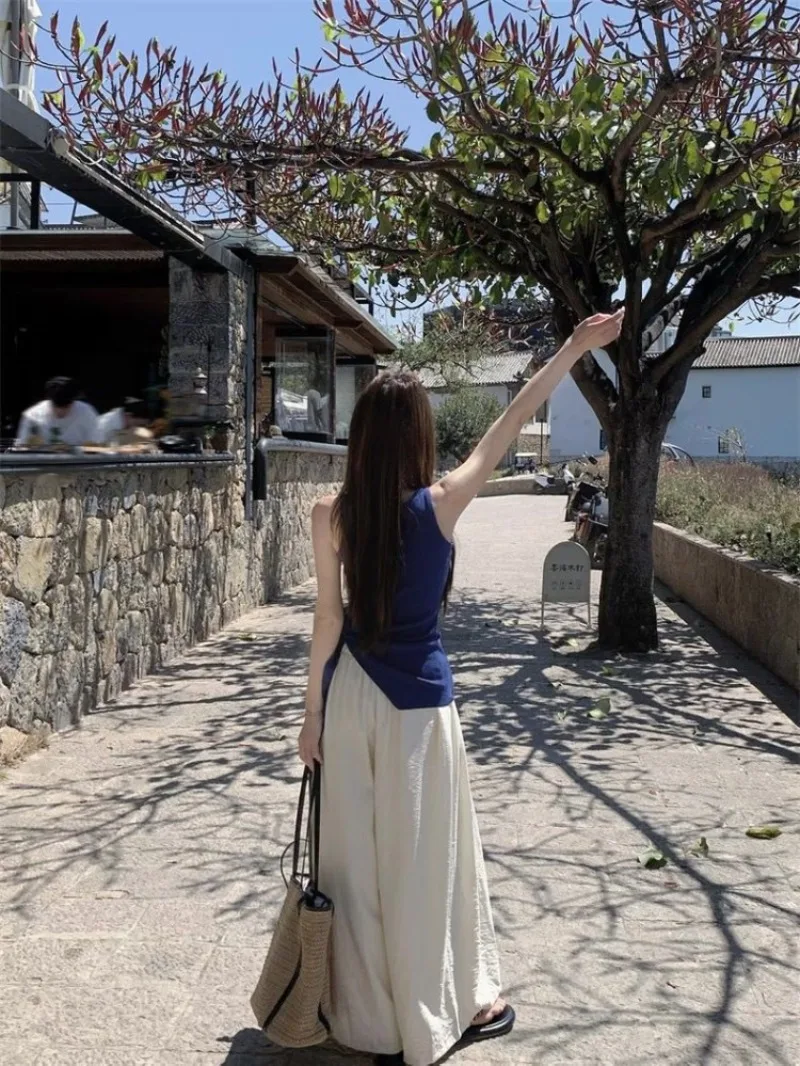 

Женский комплект: топ без рукавов с завязками на талии и разрезом по низу, абрикосовые широкие брюки в корейском стиле, летняя новинка 2026 года