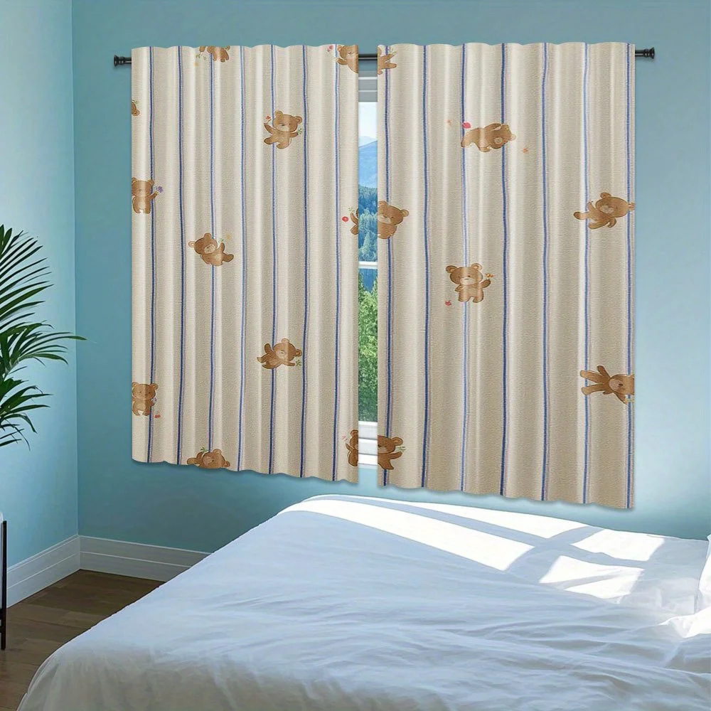 2PCS Digital Print Curtains, Cute Cartoon Teddy Bear Pattern Blue Stripe Beige Background, Kids Adorable Style for Nursery ／