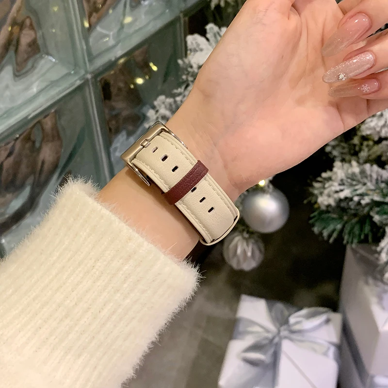 Contrast Leather Strap for Apple Watch Serie 7 Correa 45mm 49mm 38 42 Women Slim Bracelet for IWatch Band 9 8 SE 6 5 4 40mm 44mm