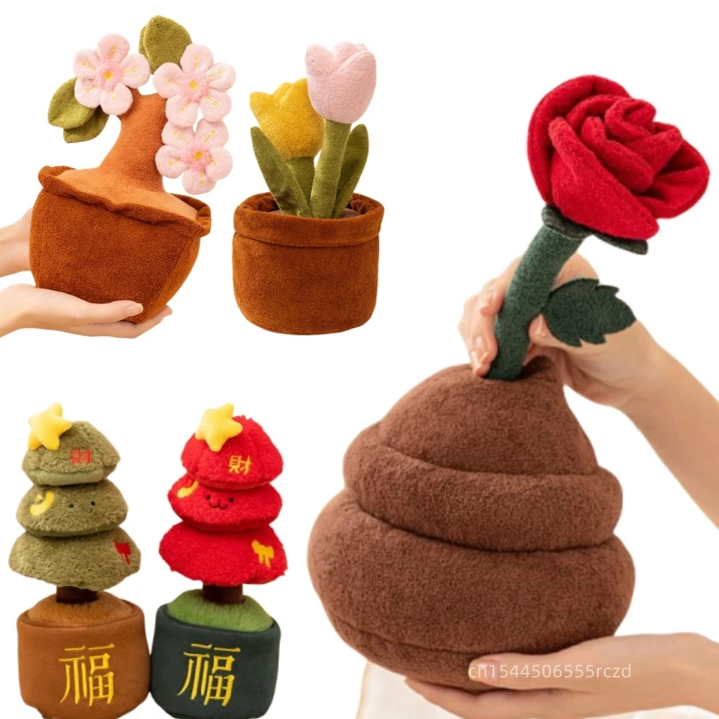 

Cartoon Fun 2026 Christmas Plant Potted Plush Doll Tulip Peach Flower Lotus Rose Christmas Tree Plush Toy Home Decor