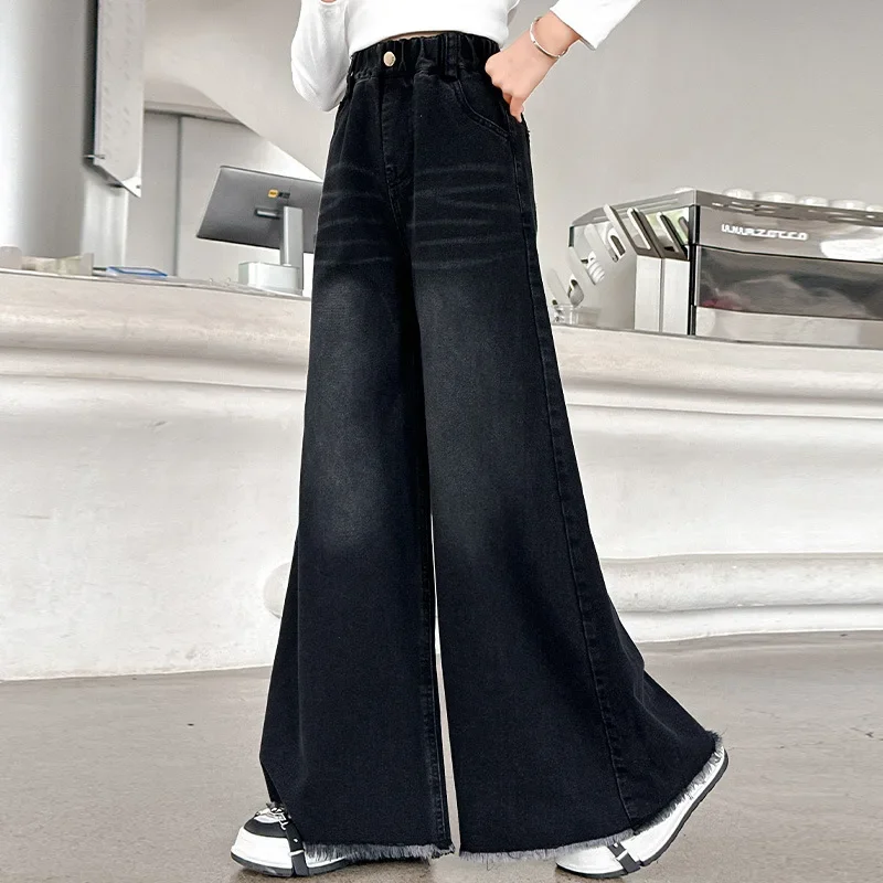 Pantaloni per ragazze Jeans moda primavera e autunno pantaloni larghi autunnali pantaloni Casual a gamba larga per bambini grandi semplici Casual