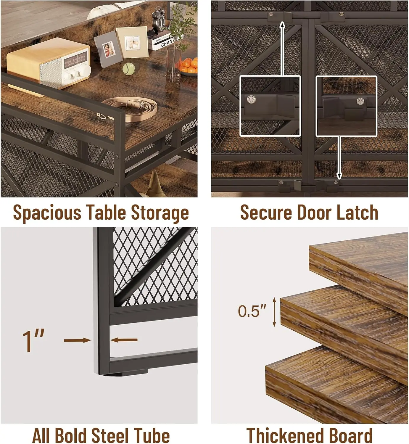 Large Dog Crate Furniture, 48 Inch Wooden Dog Kennel , Heavy Duty  with Adjustable Feet & 360° Wheels,Vintage Brown