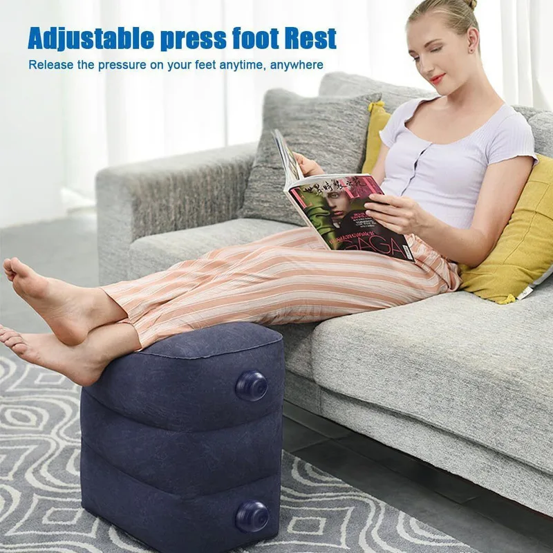 Inflatable Foot Rest Pillow for Travel Essentials Airplane Train Home Office Builtn Pump Adjustable Height Ottoman Cushion Stool