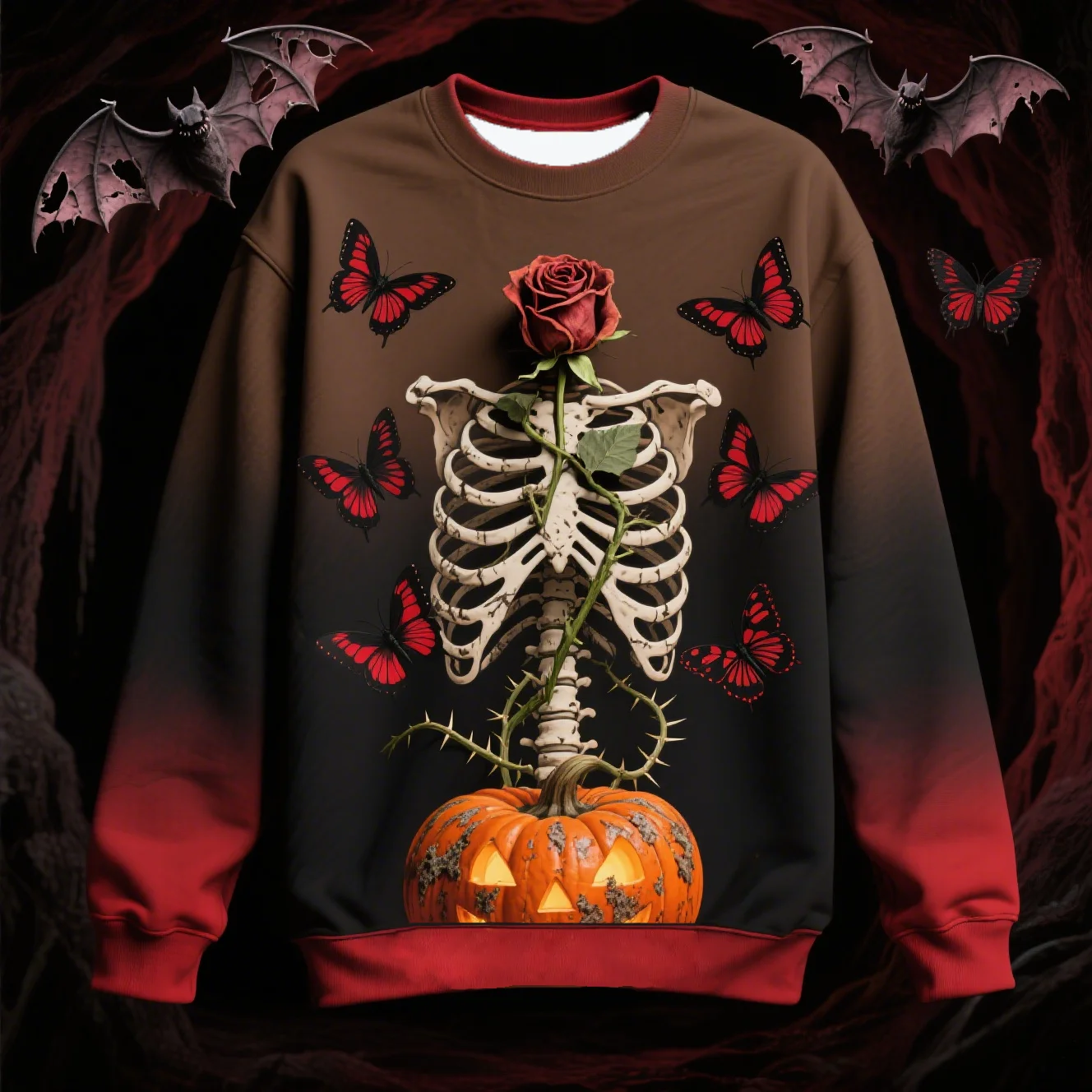 

3D Art Design Rose Skeleton Print Sweatshirt Men's Fashion Round Neck Long Sleeve Pullover Gothic Style Comfortable Male Clothes