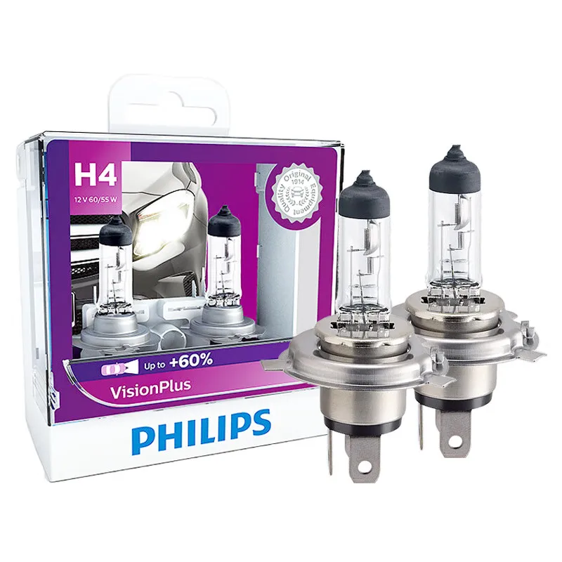 Philips H4 12V 60/55W P43t VisionPlus 3250K Bright Light Up to 60% Increased Bright Original Halogen Car Headlight 12342VPS2, 2X