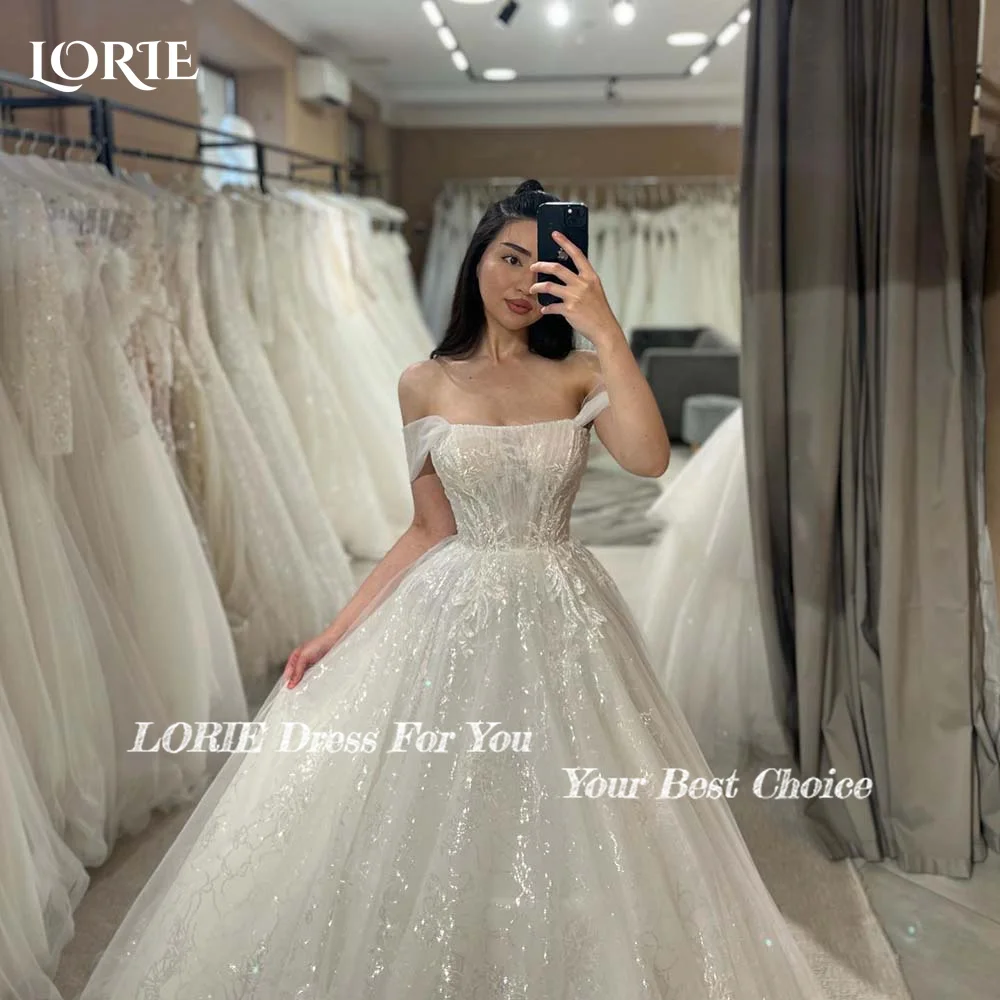 LORIE-Vestido de casamento feminino brilhante sem costas, vestidos de ombro, vestidos de noiva brilhantes, linha A