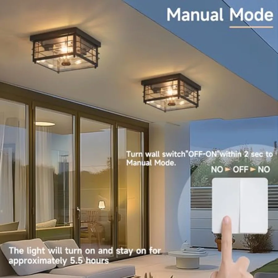 Outdoor Ceiling Light with Motion Sensor Flush Mount Farm House Porch Light Ceiling Mount Adjustable 3 Modes Squares for Patio, view 3