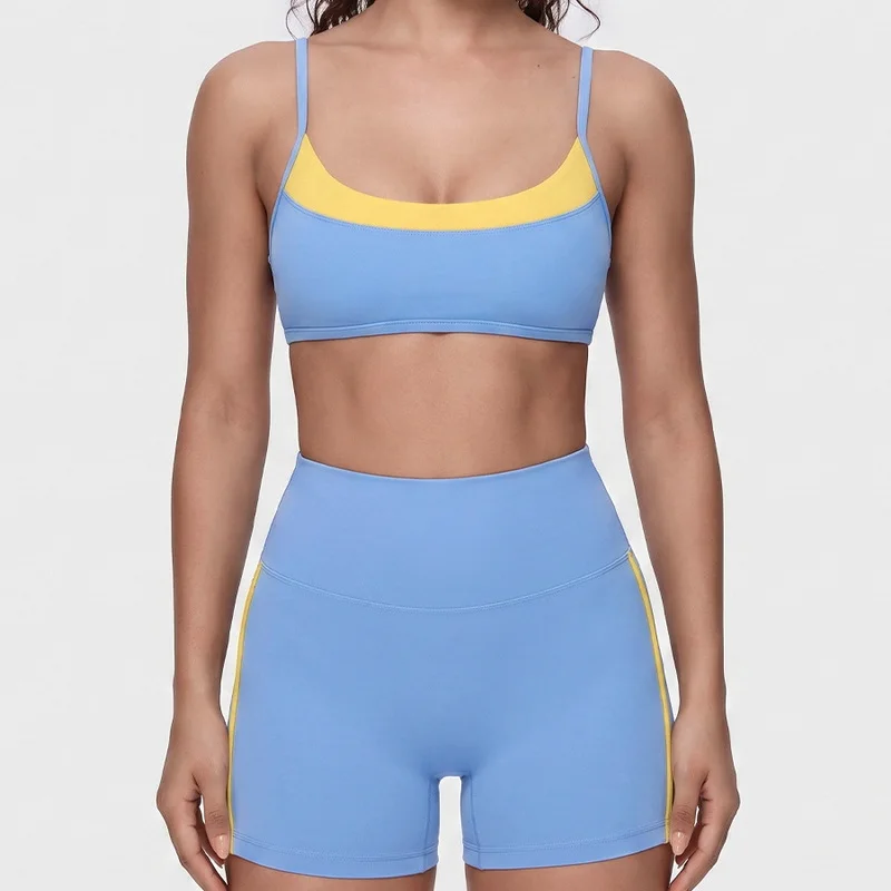 Women's Yoga Pilates Suit Color Blocked Strap Bra Tight High Stretch Fitness Running Shorts Gym Fitness Sportswear