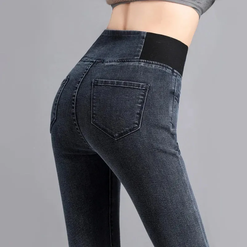 High Waist Jeans Patchwork Japanese Korean Casual with Medium Stretch Long Pants Full Length Regular Thickness Women Jeans