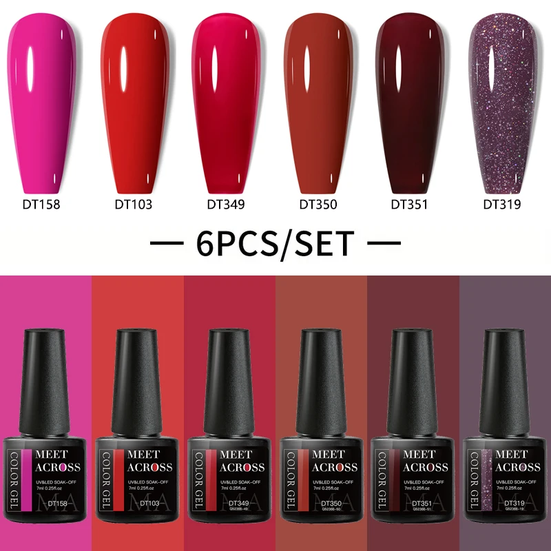 6-teiliges rotes Gel-Nagellack-Set, klassische weinrote burgunderrote weinbraune Farbtöne, UV-LED-Nagelkunst-Lack-Set für Frauen und Mädchen, Maniküre-DIY