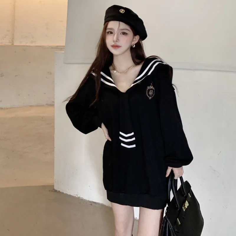 Gege's Spring Online Celebri Pure Desire Sailor Collar Retro Tie Loose Slim fit Fashion Mid-Length Long sleeve Hoodie