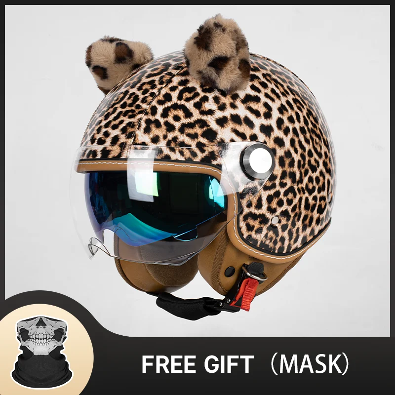 Distinctive Leopard Pattern 3/4 Open Face Motorcycle Helmet with High Density EPS Shell Anti-Scrape Shield for Daily Commuting