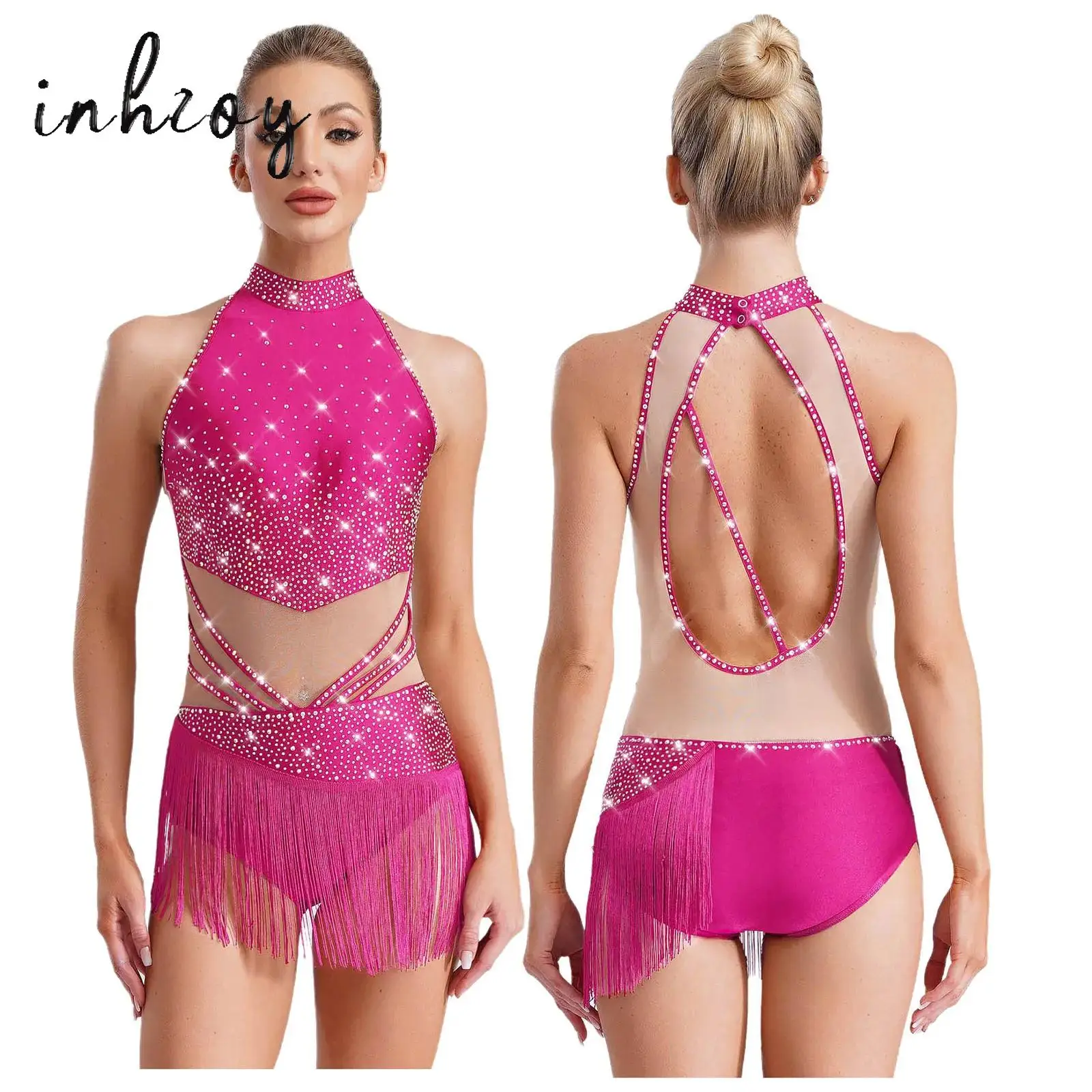 

Womens Latin Dance Bodysuit Rhinestones Fringed Leotard Dress Halter Sleeveless Figure Skating Tango Samba Cha Cha Dancewear