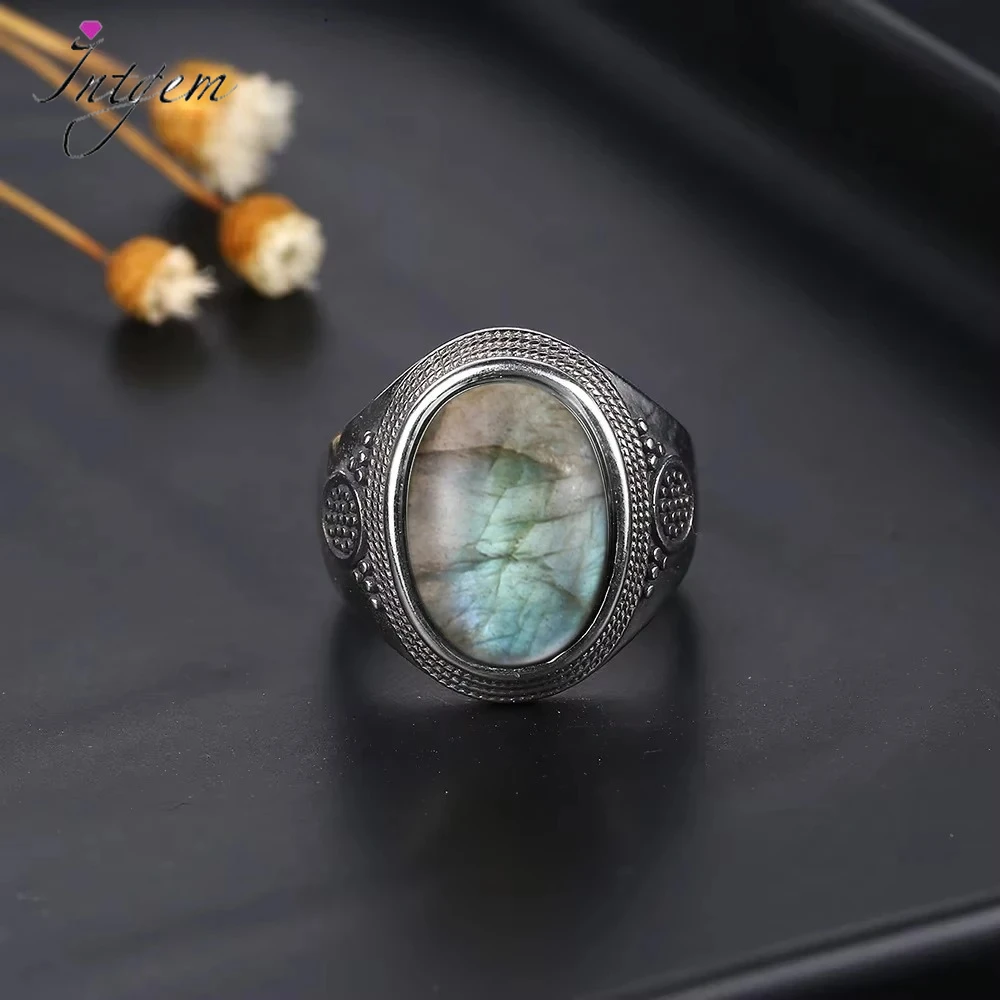 

Vintage S925 Sterling Silver Labradorite Ring with10x14MM Oval Various Big Natural Stone Retro Rings for Women Men