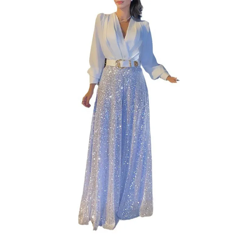 

Shirt Blouse Women Spring Summer V Neck Elegant Waist Tightening Sparkle Glitter Wide Leg Jumpsuit